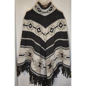 Berretti Poncho Sweater Women Tan Aztek Geometric Turtleneck Wool Blend BOHO OS